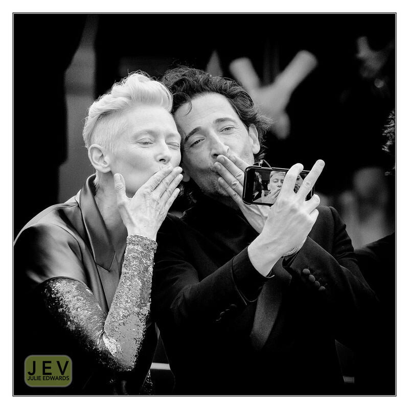 Julie Edwards Monochrome Show 2021 - Tilda Swinton and Adrien Brody Selfie